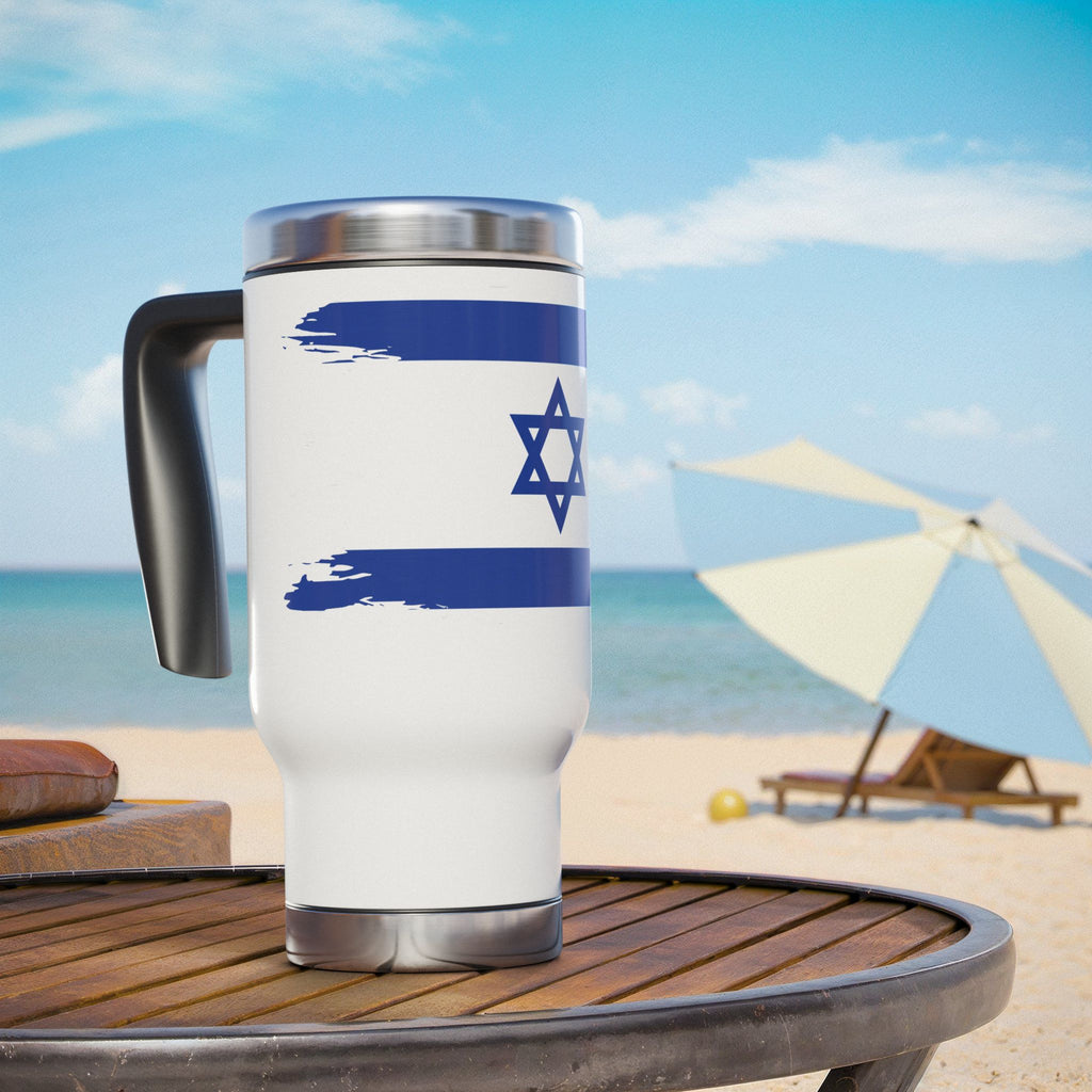 Travel Mug with Handle, Israeli Flag Design, Perfect for Gifts, Travel, Coffee Lovers, Hanukkah