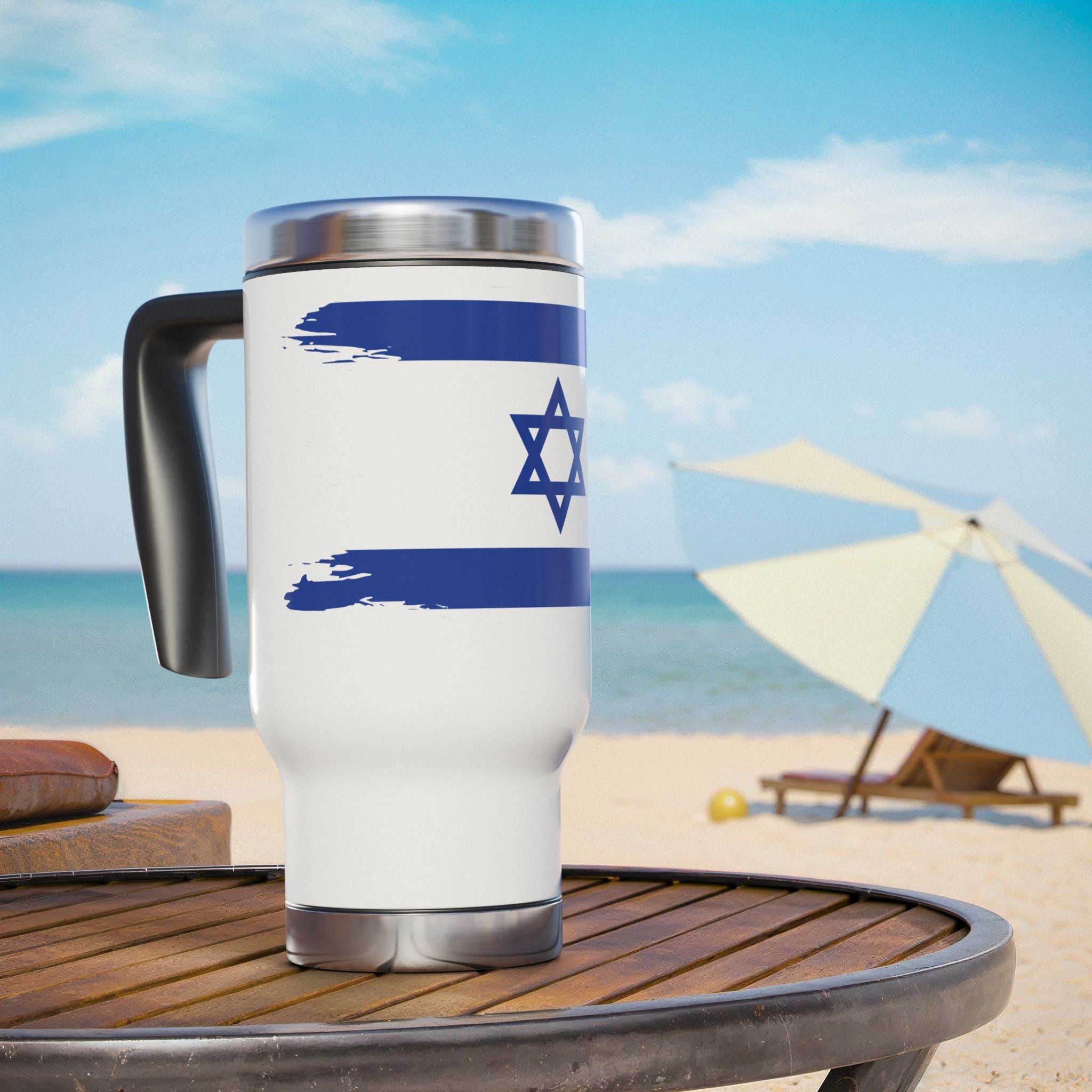 Travel Mug with Handle, Israeli Flag Design, Perfect for Gifts, Travel, Coffee Lovers, Hanukkah