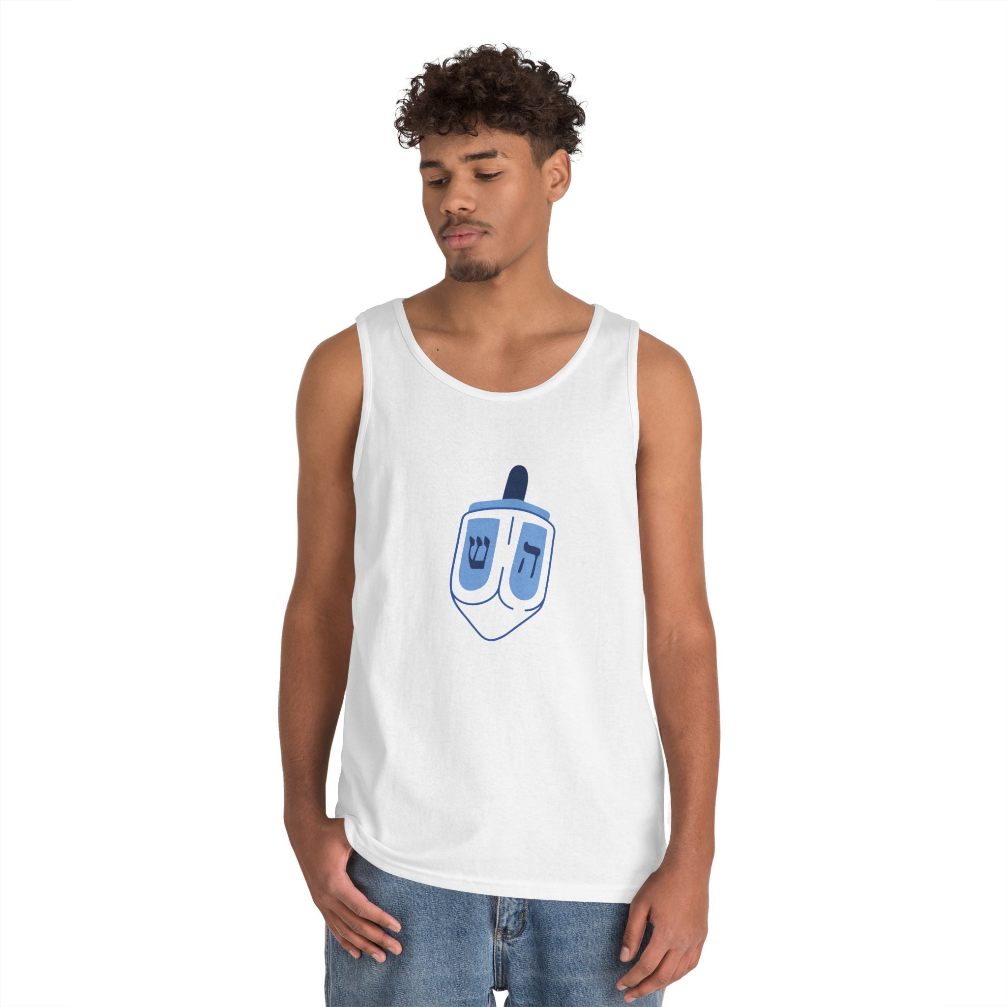 Dreidel Themed Unisex Heavy Cotton Tank Top, Perfect for Hanukkah, Casual Wear, Holiday Gift, Festivals, Comfortable Summer Style