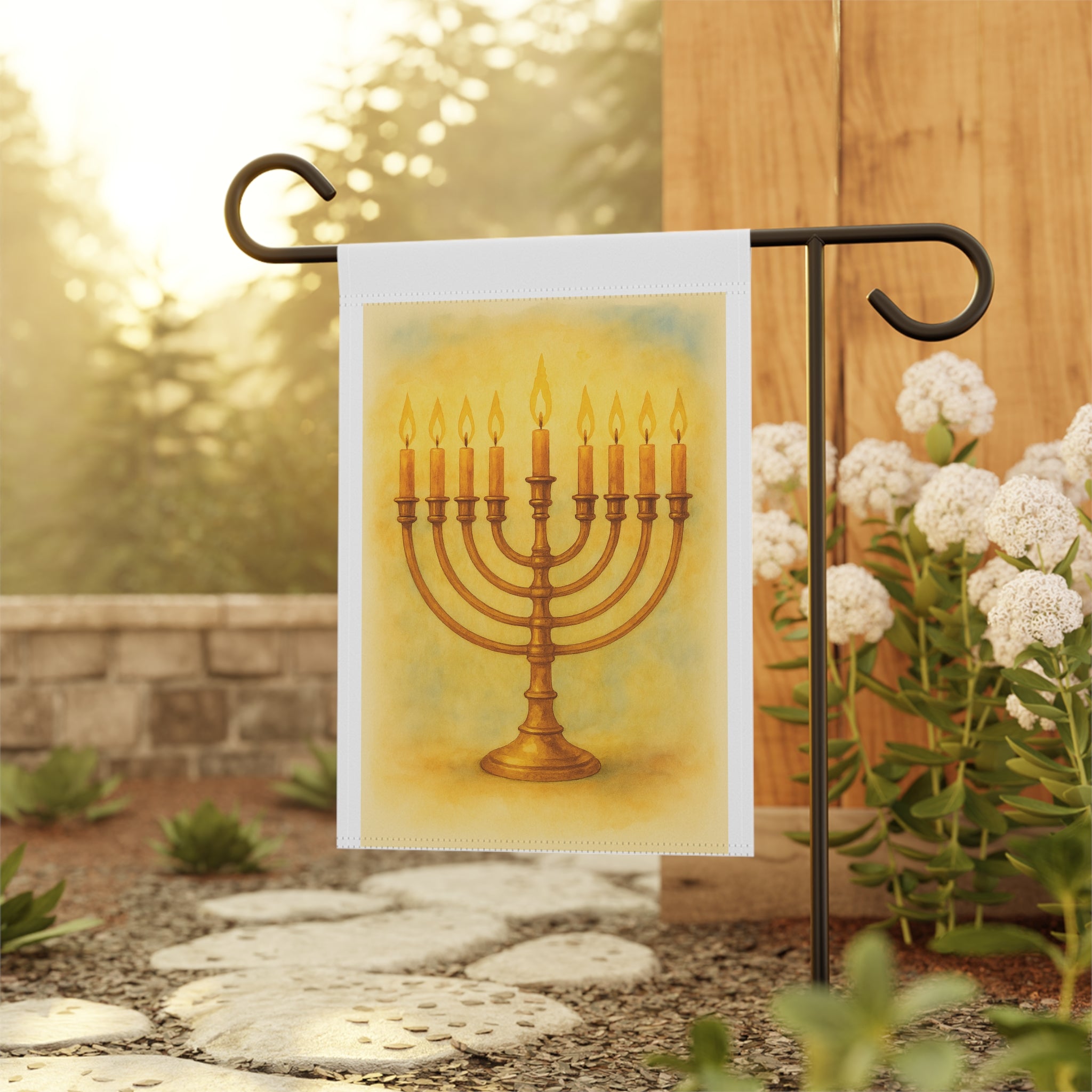 Gold Menorah Garden Banner, Hanukkah Outdoor Decor, Festive House Flag, Jewish Holiday Decorative Sign, Seasonal Yard Art