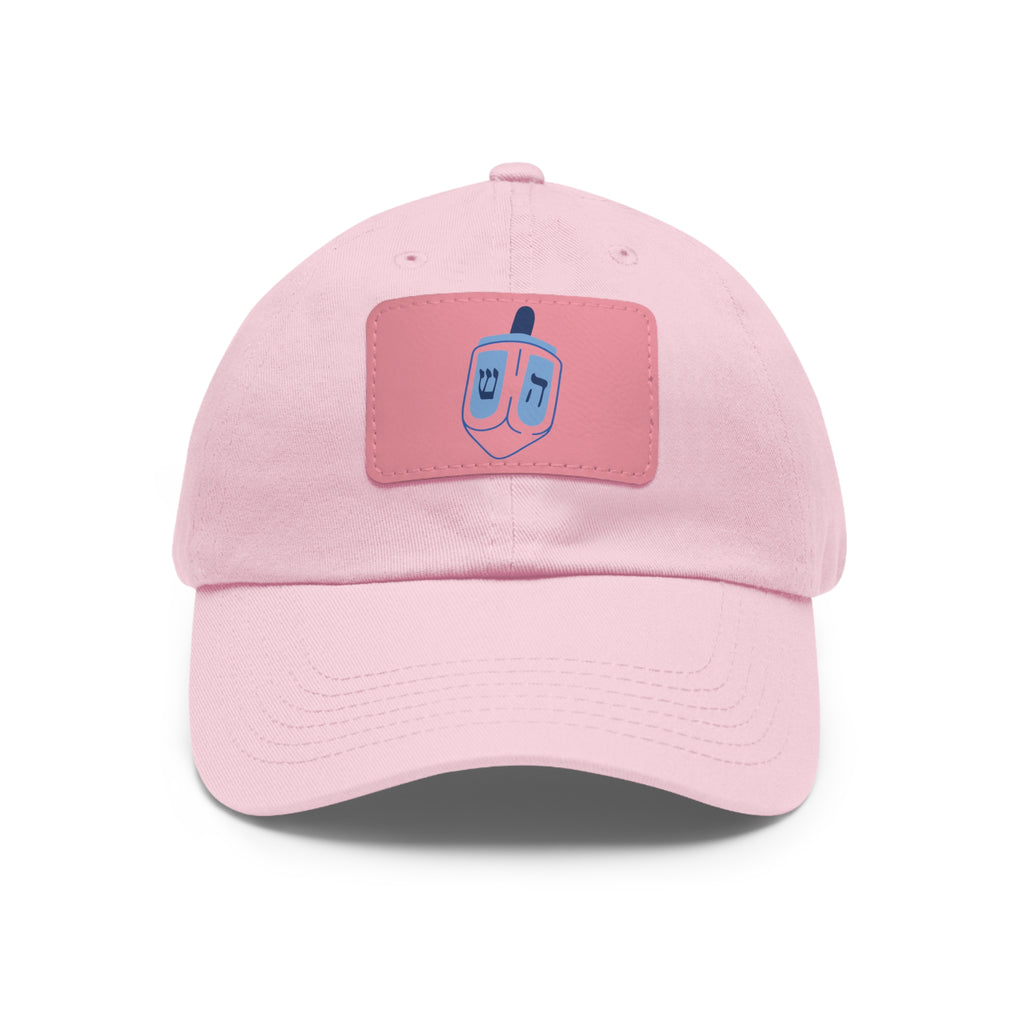 Pink Leather Patch Dad Hat with Dreidel Design, Adjustable Hat for Hanukkah, Gift for Dad/Mom, Casual Everyday Wear