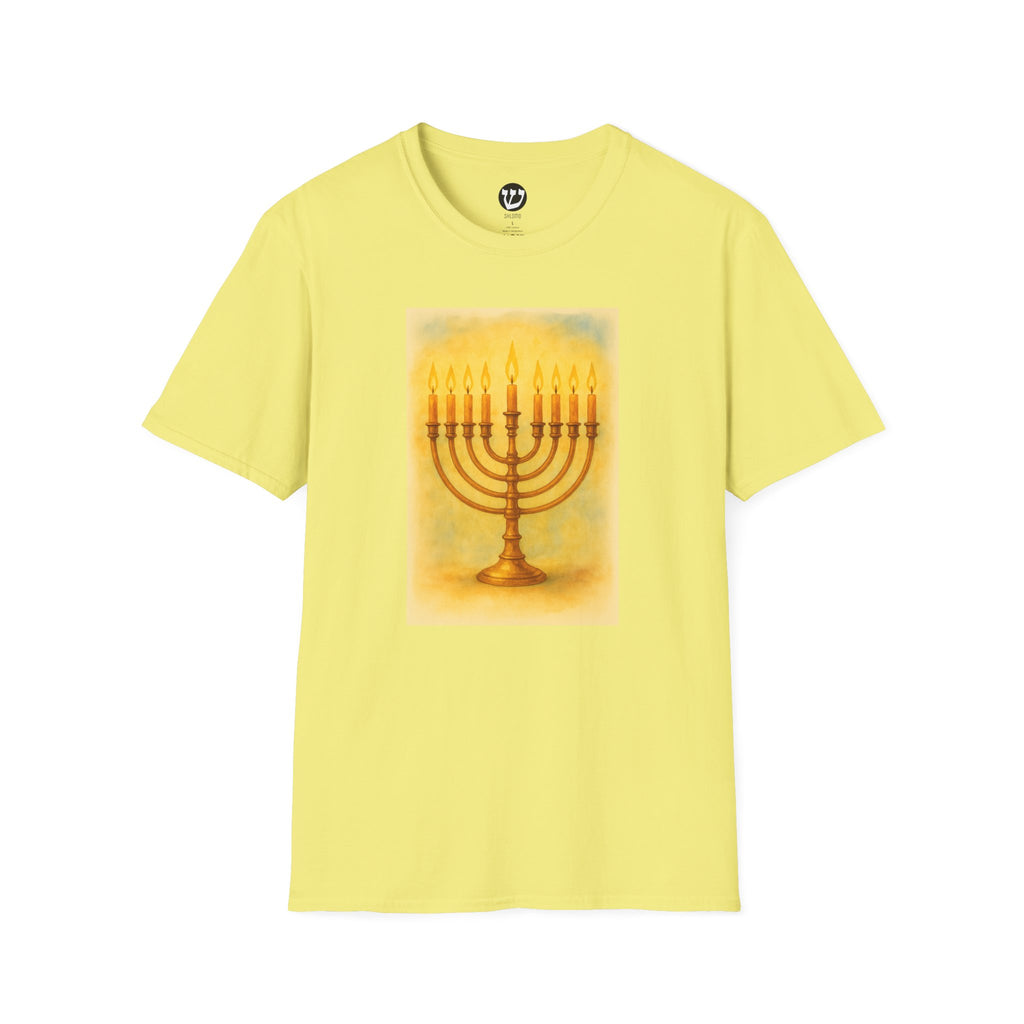Chanukah Menorah T-Shirt, Unisex Softstyle Tee, Holiday Gift, Jewish Apparel, Festival of Lights, Men and Women Clothing