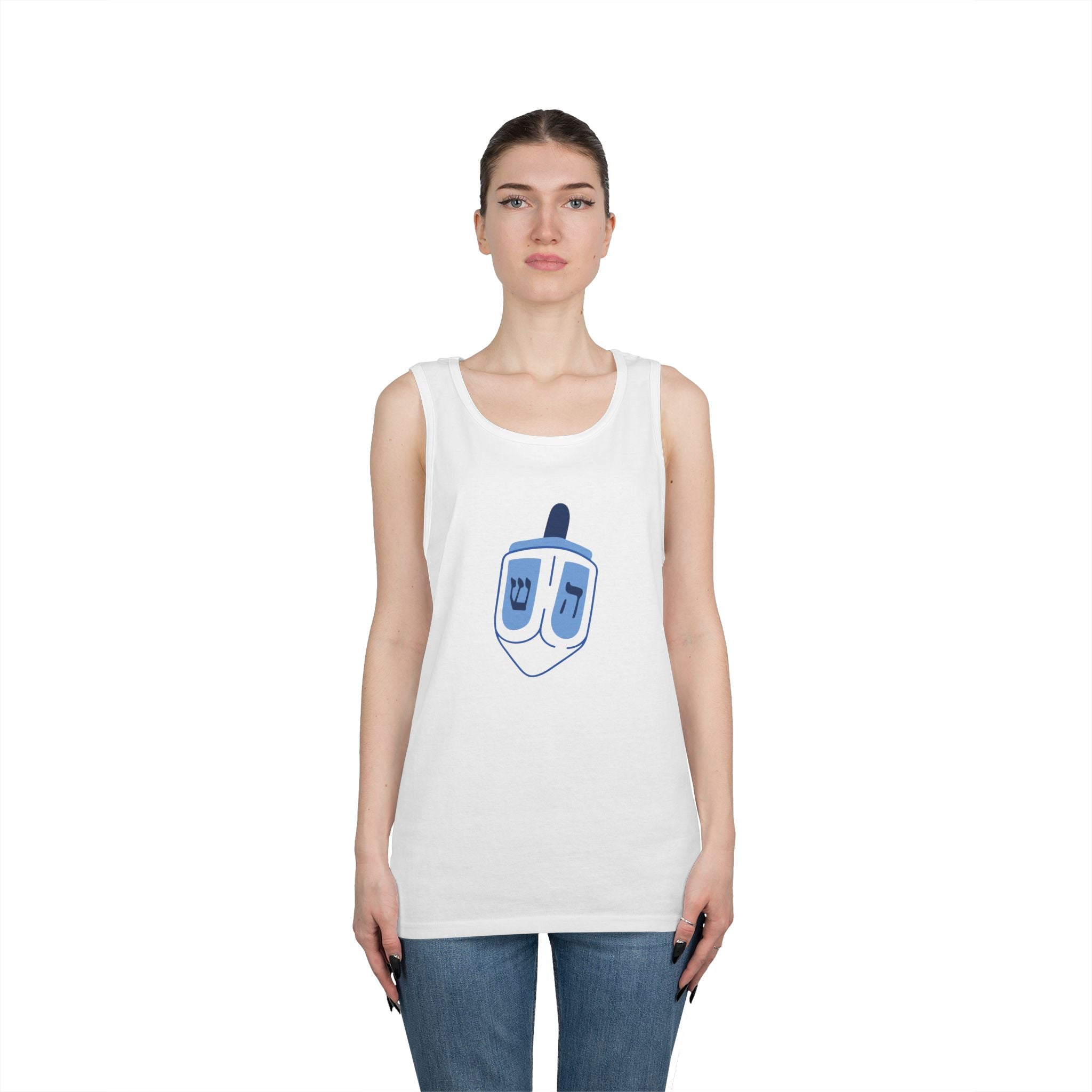 Dreidel Themed Unisex Heavy Cotton Tank Top, Perfect for Hanukkah, Casual Wear, Holiday Gift, Festivals, Comfortable Summer Style