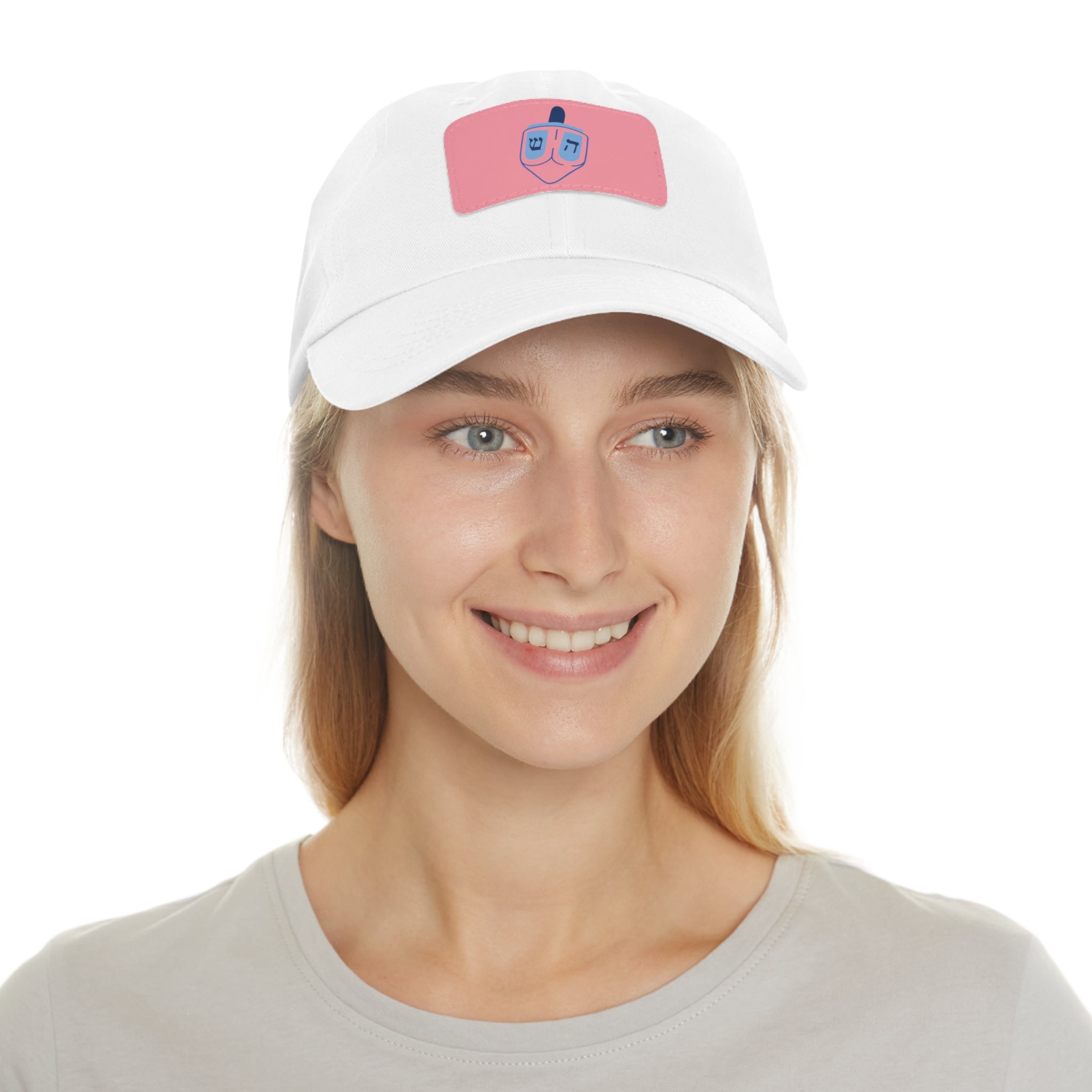 Pink Leather Patch Dad Hat with Dreidel Design, Adjustable Hat for Hanukkah, Gift for Dad/Mom, Casual Everyday Wear