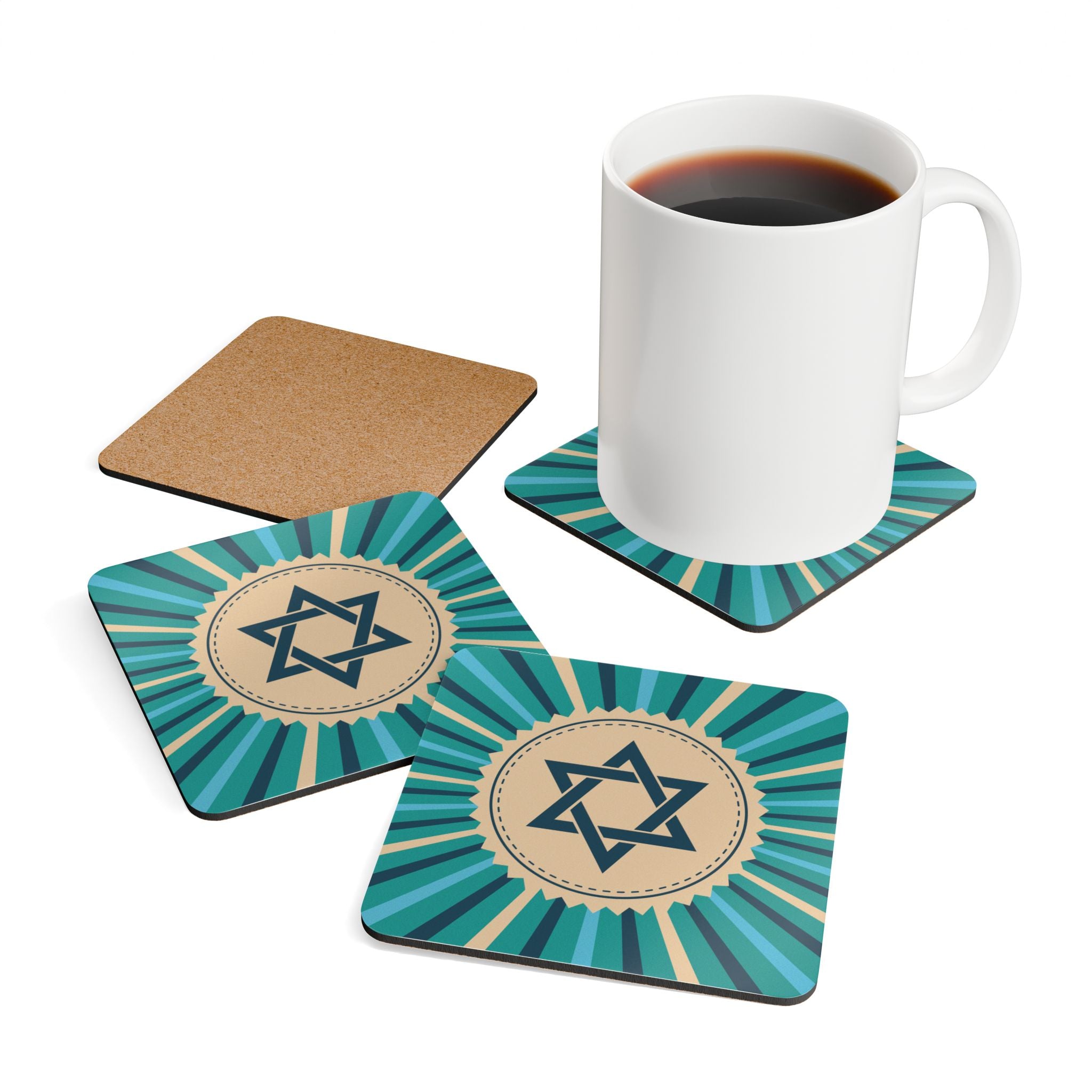 Colorful Star of David Corkwood Coaster Set | Jewish Home Decor, Eco-Friendly Drink Coasters